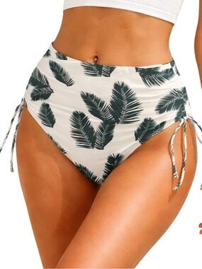 Palm Print Bikini Bottom Medium 1X Ruched Side Tie Tropical Swim